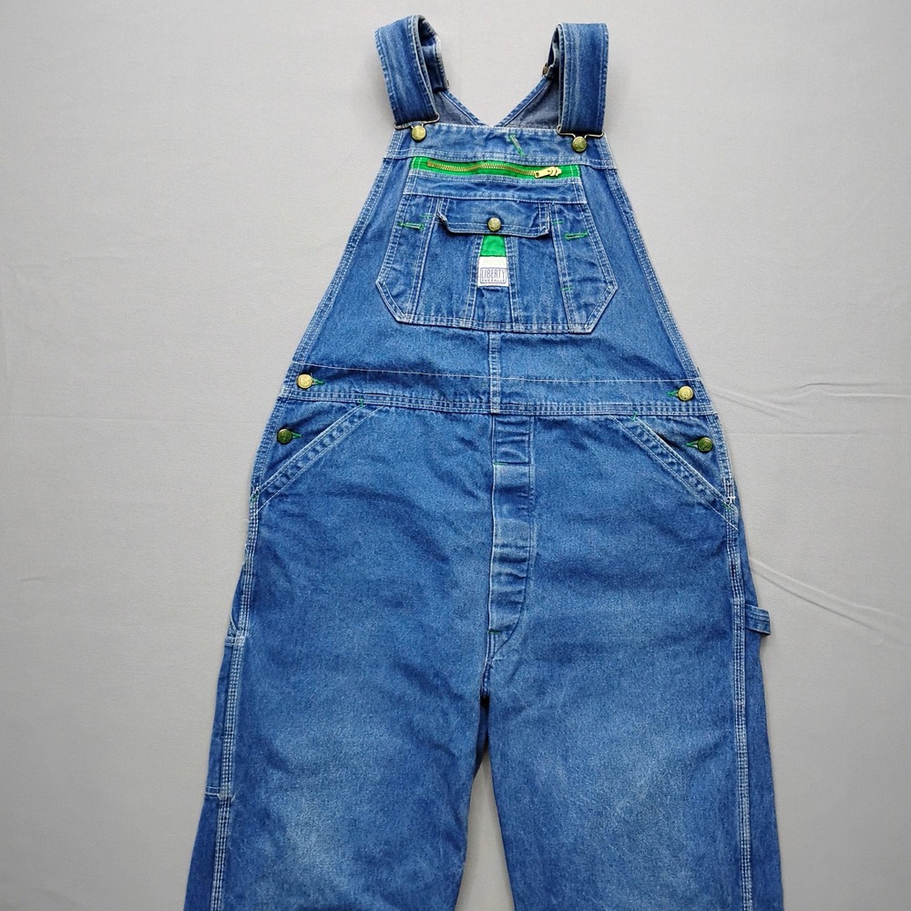 Liberty Overalls Mens 38x32 Blue Denim Green Zip Bib USA Workwear Vintage